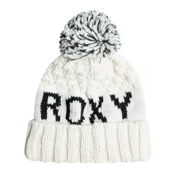 Roxy Women\'s Tonic Beanie Hat Egret White Pom Fleece Lined Band NWT
